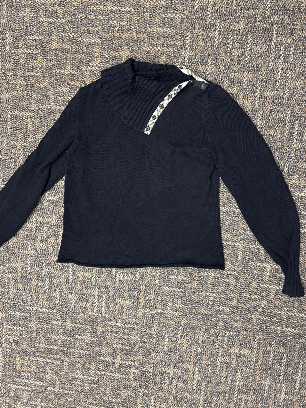Burberry London Nova Check Trim Snap Neck Cotton Knit Sweater | Medium